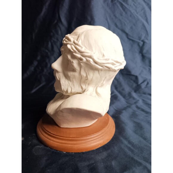 Suffering Jesus With Thorn Crown Statue Sculpture Bust On Hardwood Base - Picture 4 of 10